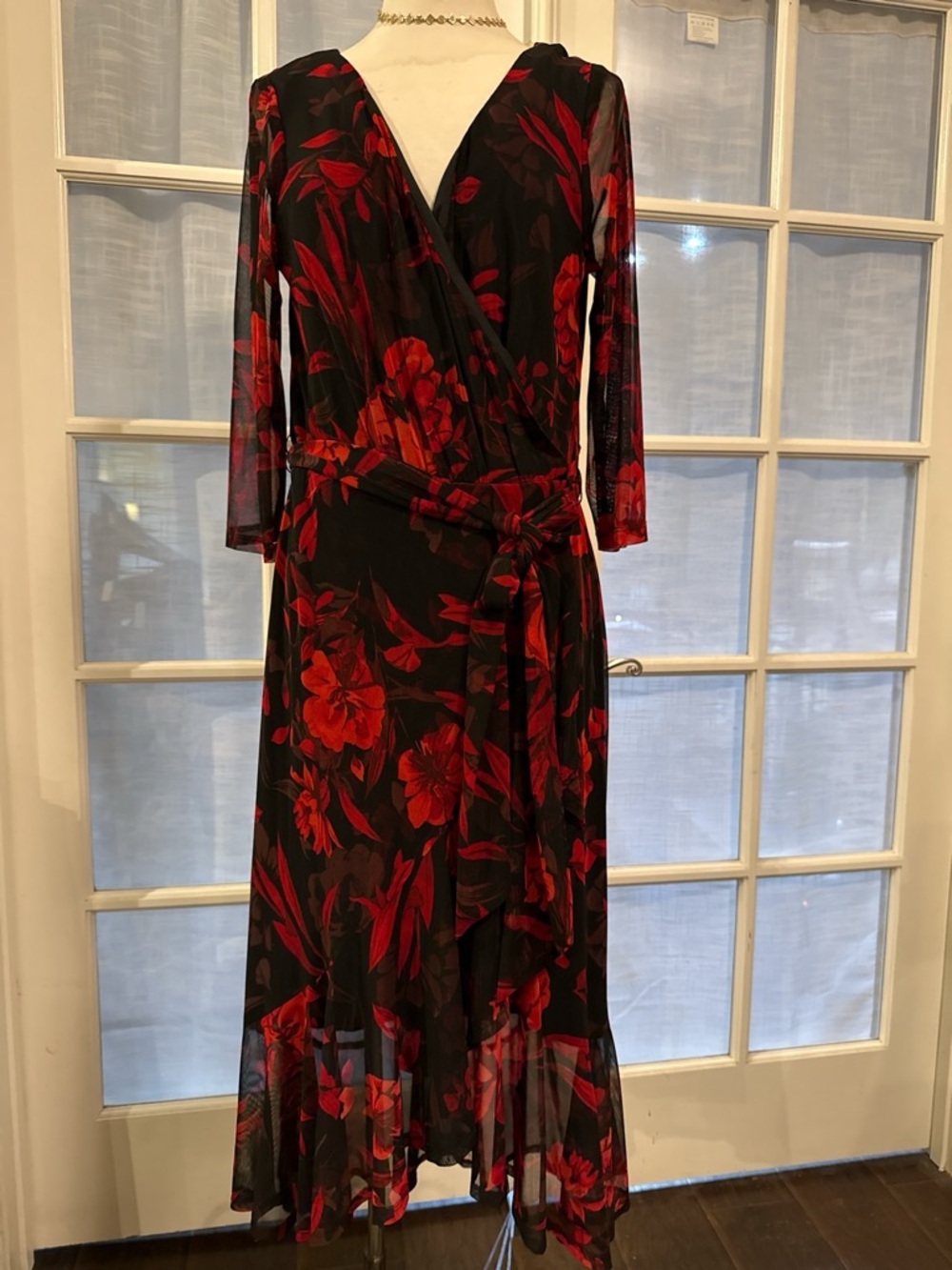 connected apparel Black Red Floral Long Sleeve Wrap Dress
